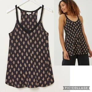 Fat Face Black Rosie Tunic Vest Halter Cut Tank Feather Print Crochet Trim 10